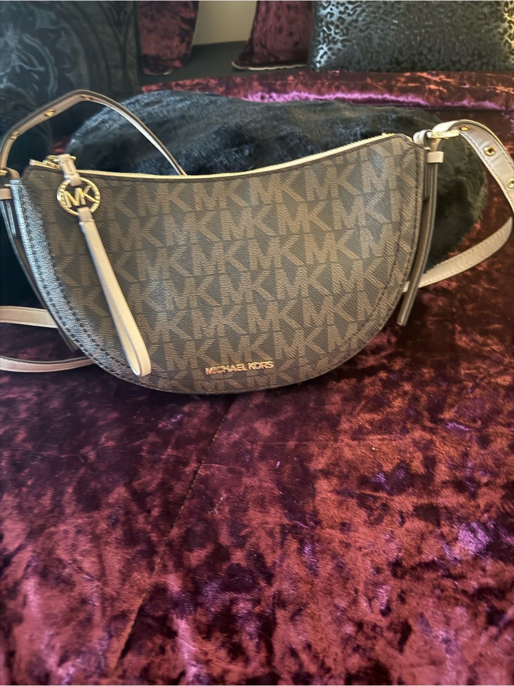 Michael Kors Brown Logo Crescent Crossbody Bag with Gold Accent